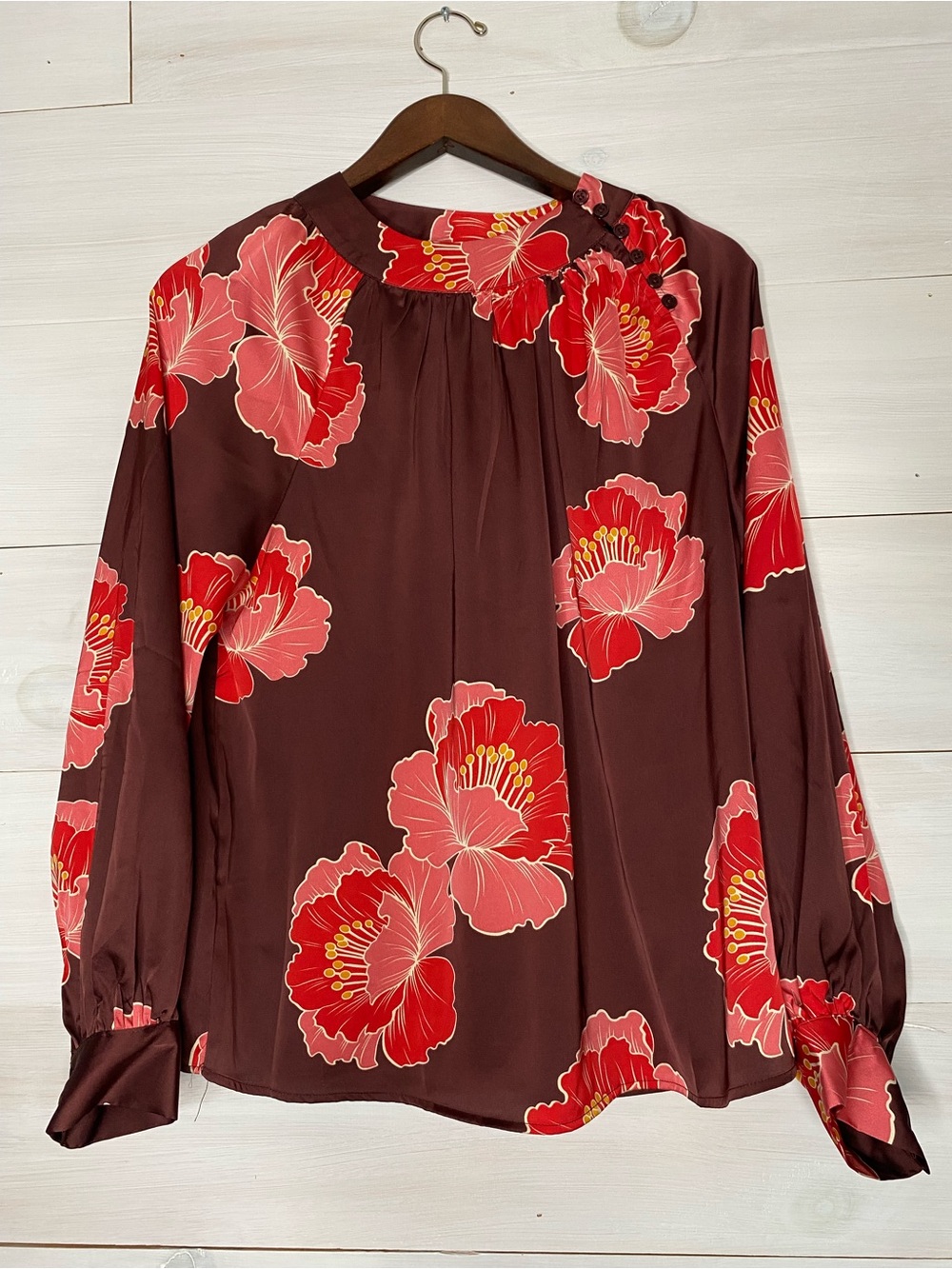 Nicole Miller Brown Floral Satin Long Sleeve Blouse Top Size Medium M